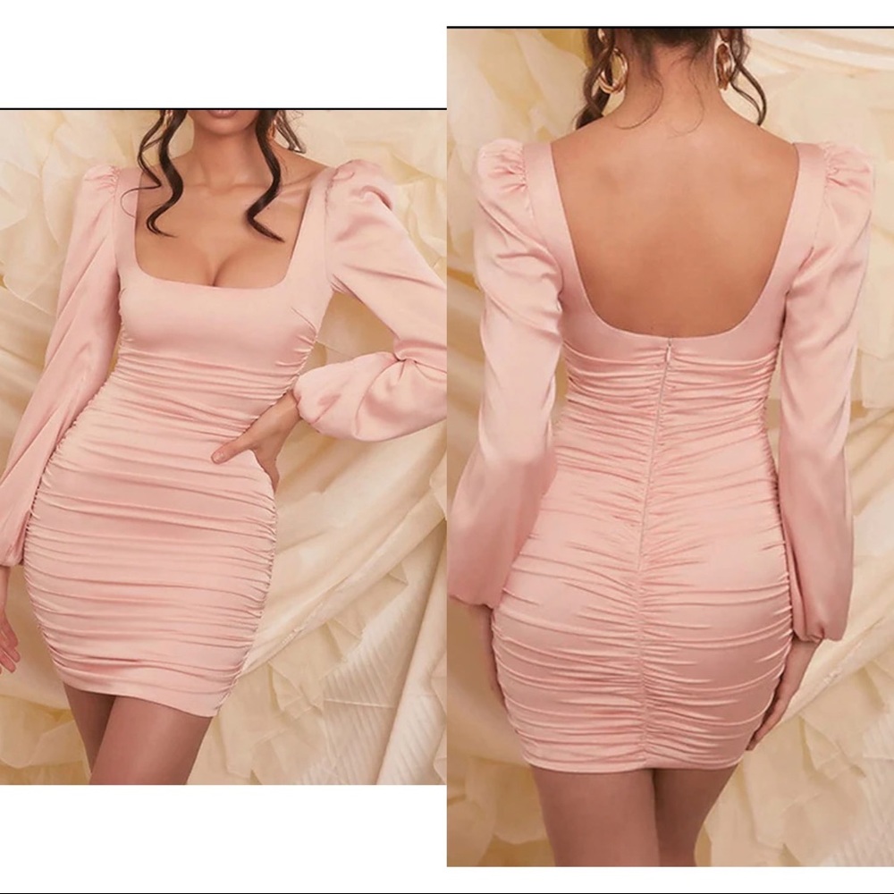 Oh Polly Blush Pink Long Sleeve Ruched Bodycon Dress